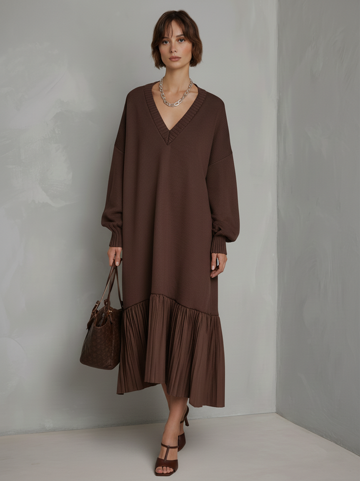 Kelly | Timeless V-Neck Pleated Hem Midi Sweater Dress