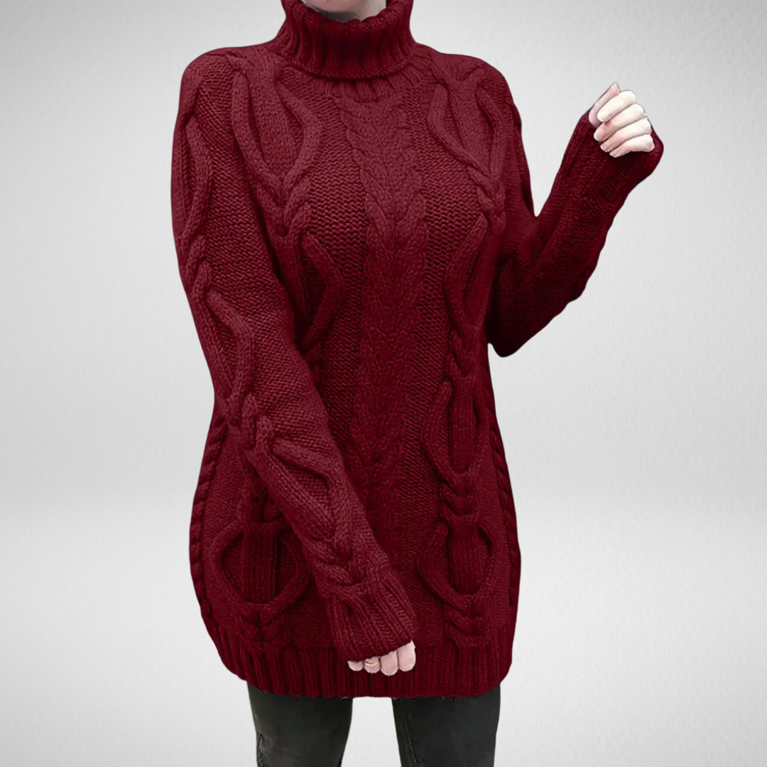 Kimberly | Chic Long Turtleneck Chunky Cable Knit Sweater