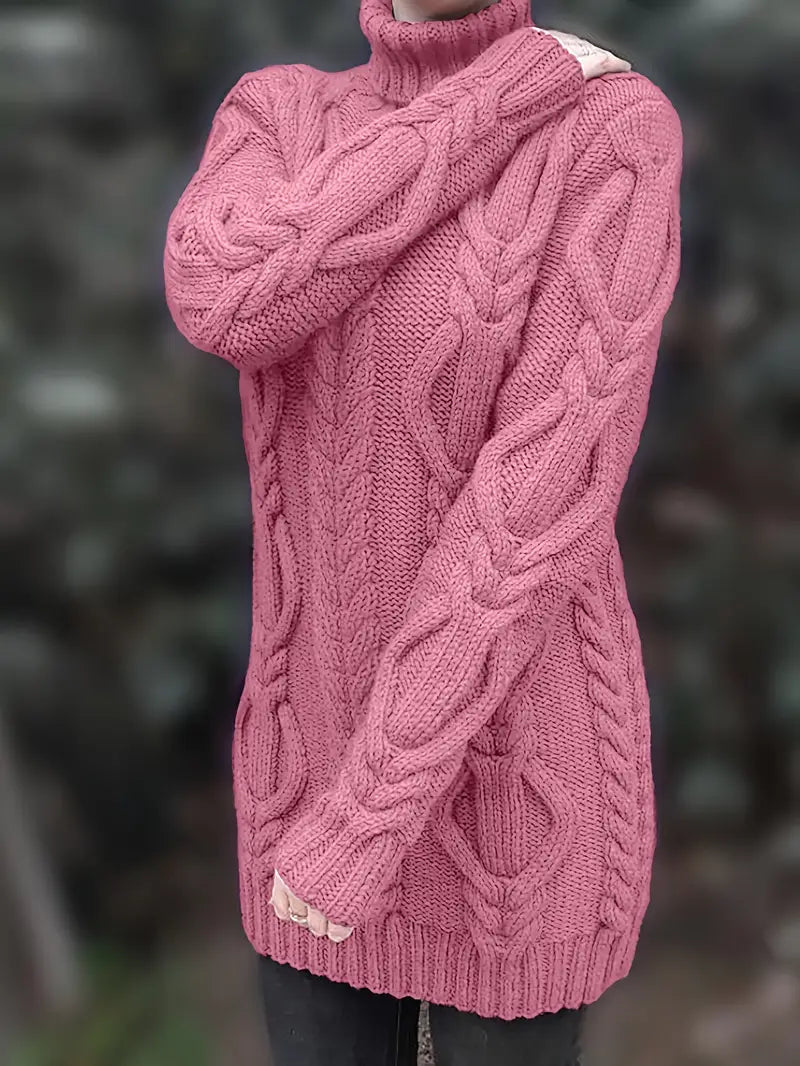 Kimberly | Chic Long Turtleneck Chunky Cable Knit Sweater