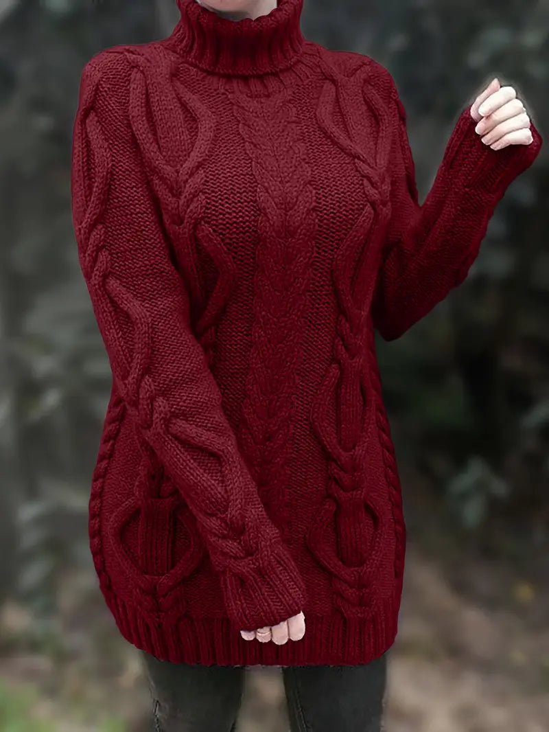 Kimberly | Chic Long Turtleneck Chunky Cable Knit Sweater