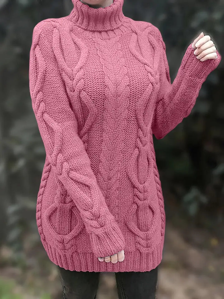 Kimberly | Chic Long Turtleneck Chunky Cable Knit Sweater