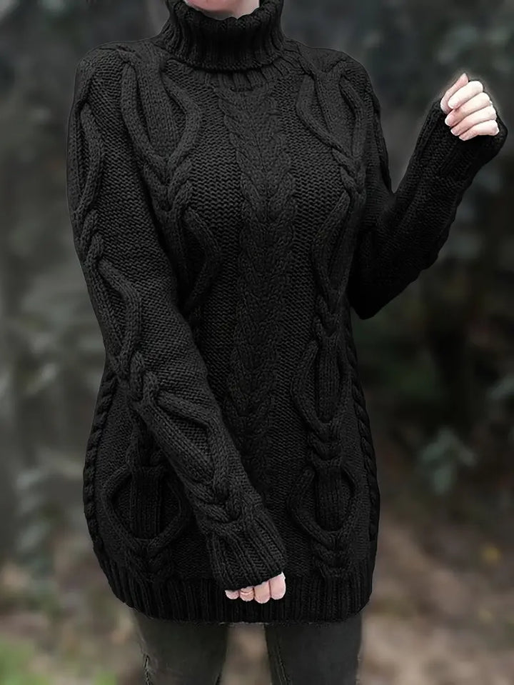 Kimberly | Chic Long Turtleneck Chunky Cable Knit Sweater