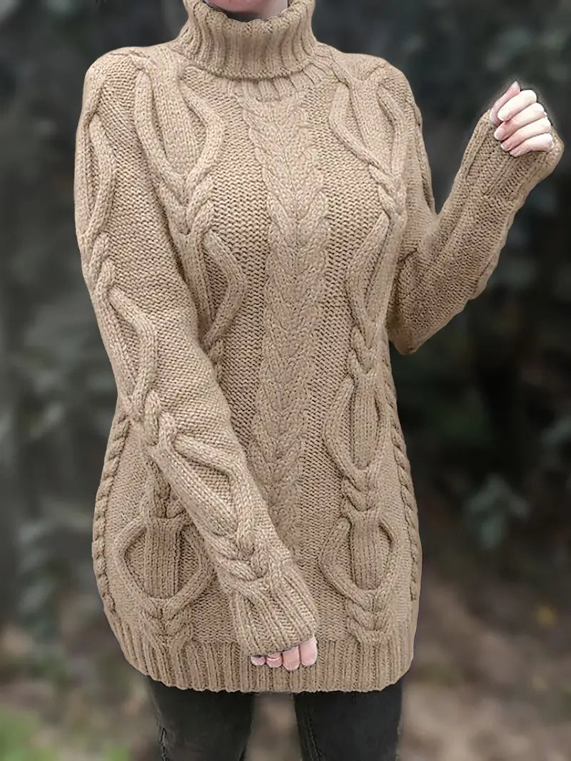Kimberly | Chic Long Turtleneck Chunky Cable Knit Sweater