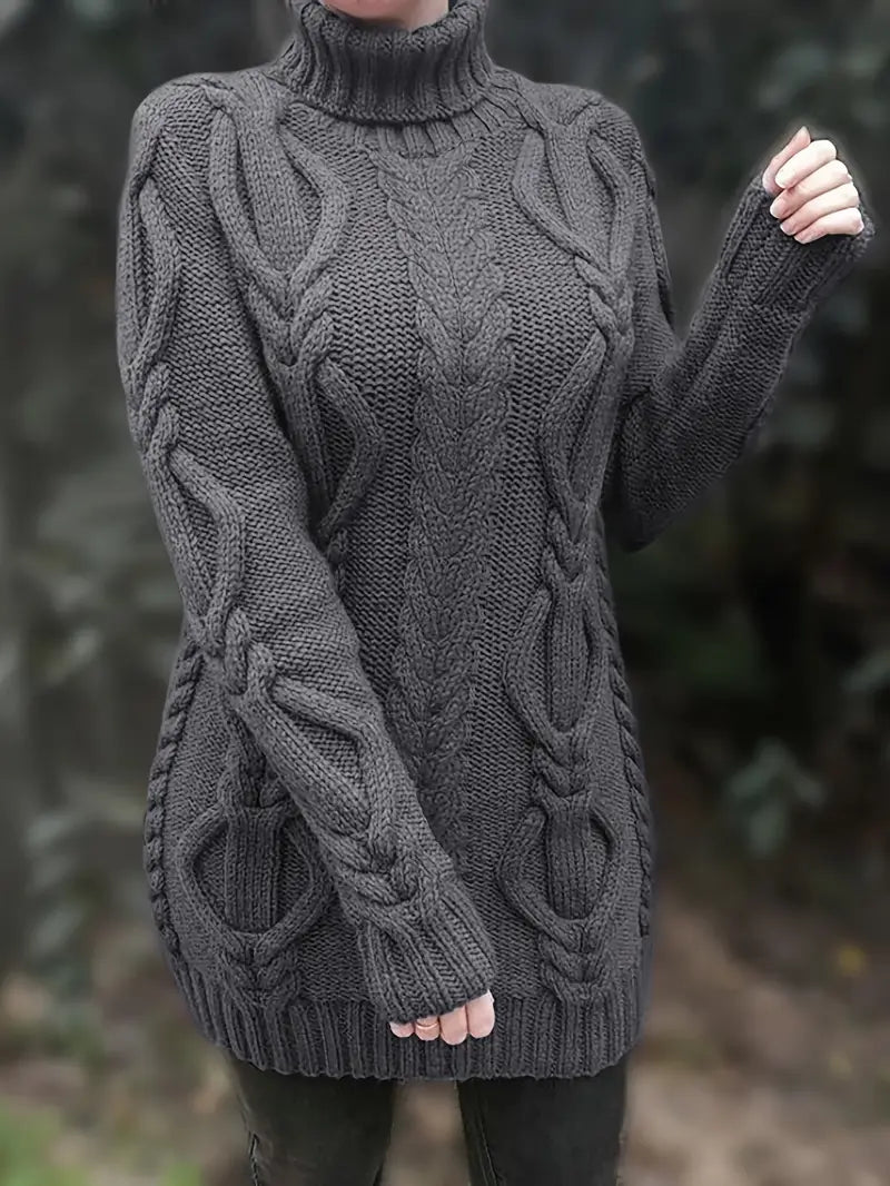 Kimberly | Chic Long Turtleneck Chunky Cable Knit Sweater