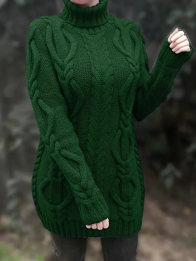 Kimberly | Chic Long Turtleneck Chunky Cable Knit Sweater