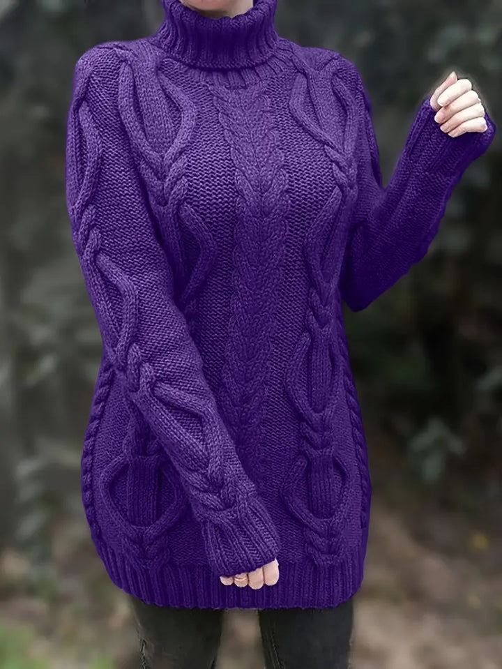 Kimberly | Chic Long Turtleneck Chunky Cable Knit Sweater