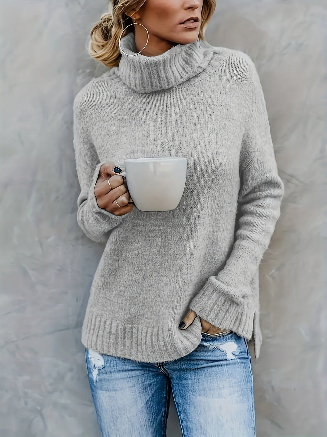Laura | Chic Ribbed Split Hem Turtleneck Sweater