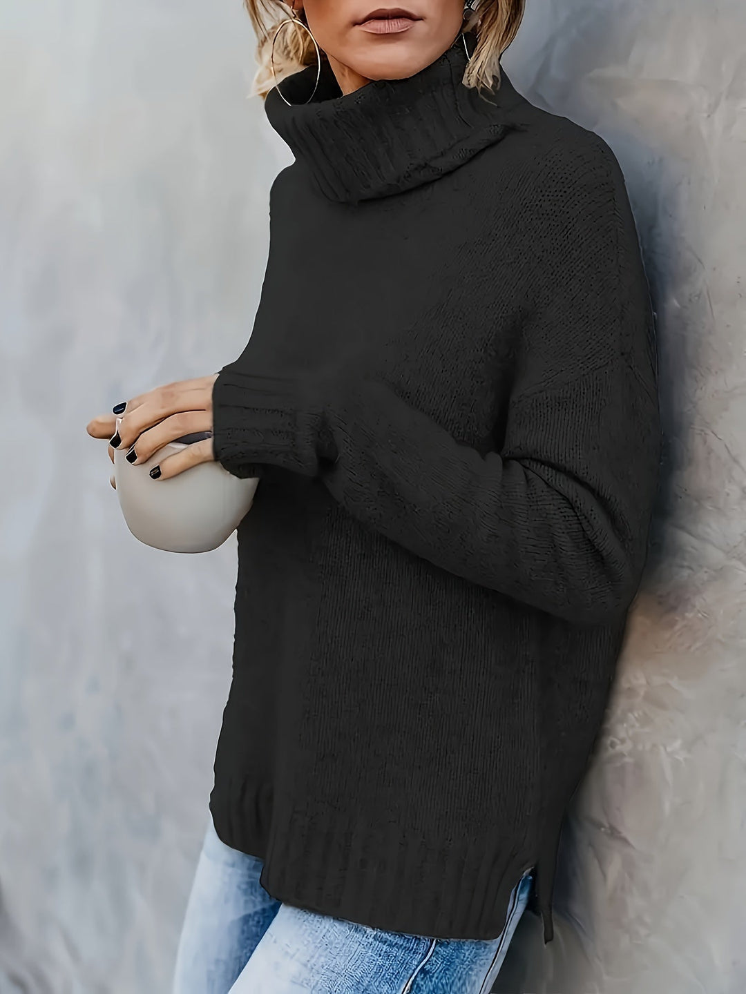 Laura | Chic Ribbed Split Hem Turtleneck Sweater