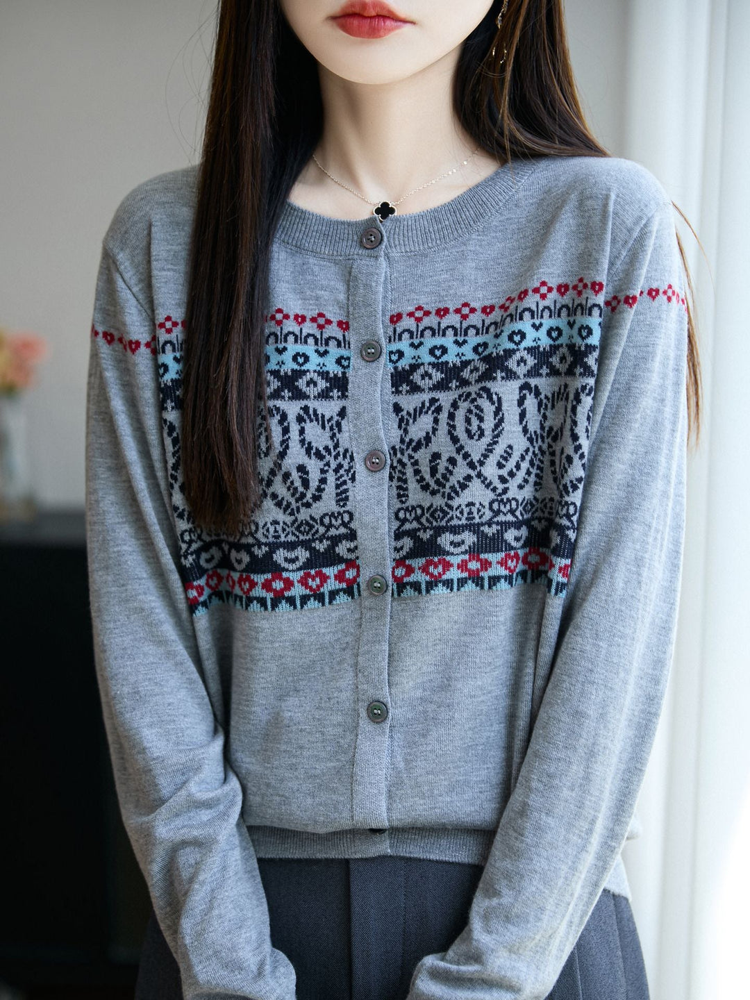 Laura | Polished Button-Front Fair Isle Cardigan Womens