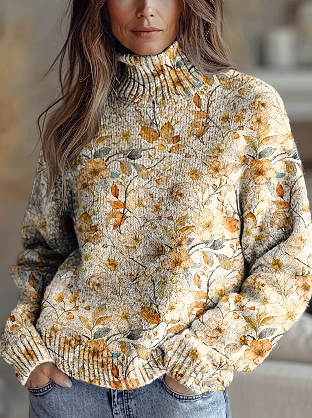Linda | Chic Oversized Floral Print Turtleneck Sweater