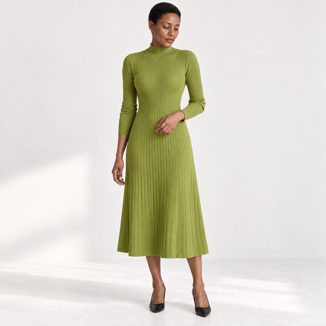 Lisa | Graceful Ribbed Mock Neck Midi Sweater Dress