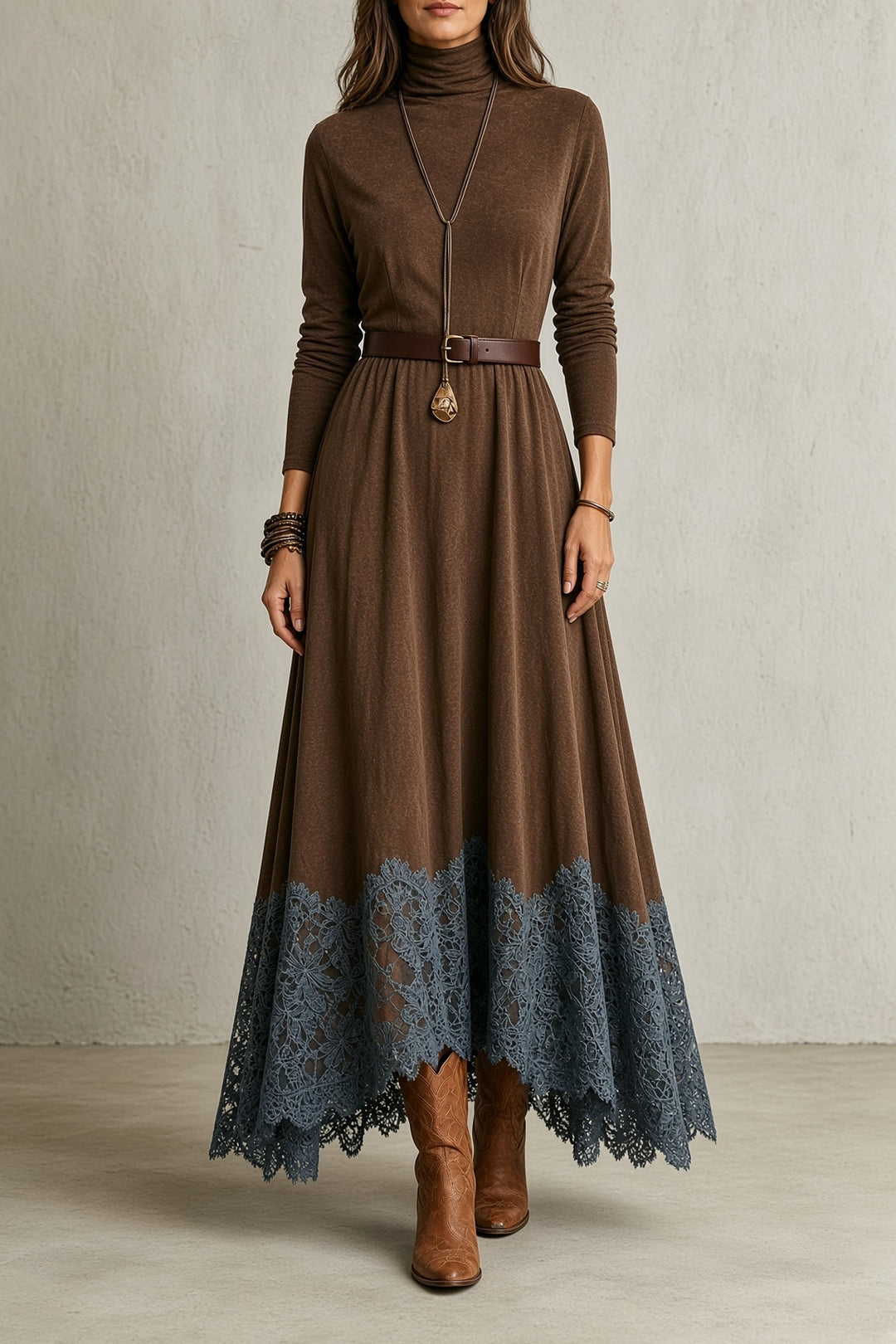 Lori | Refined Lace Hem Turtleneck Maxi Sweater Dress