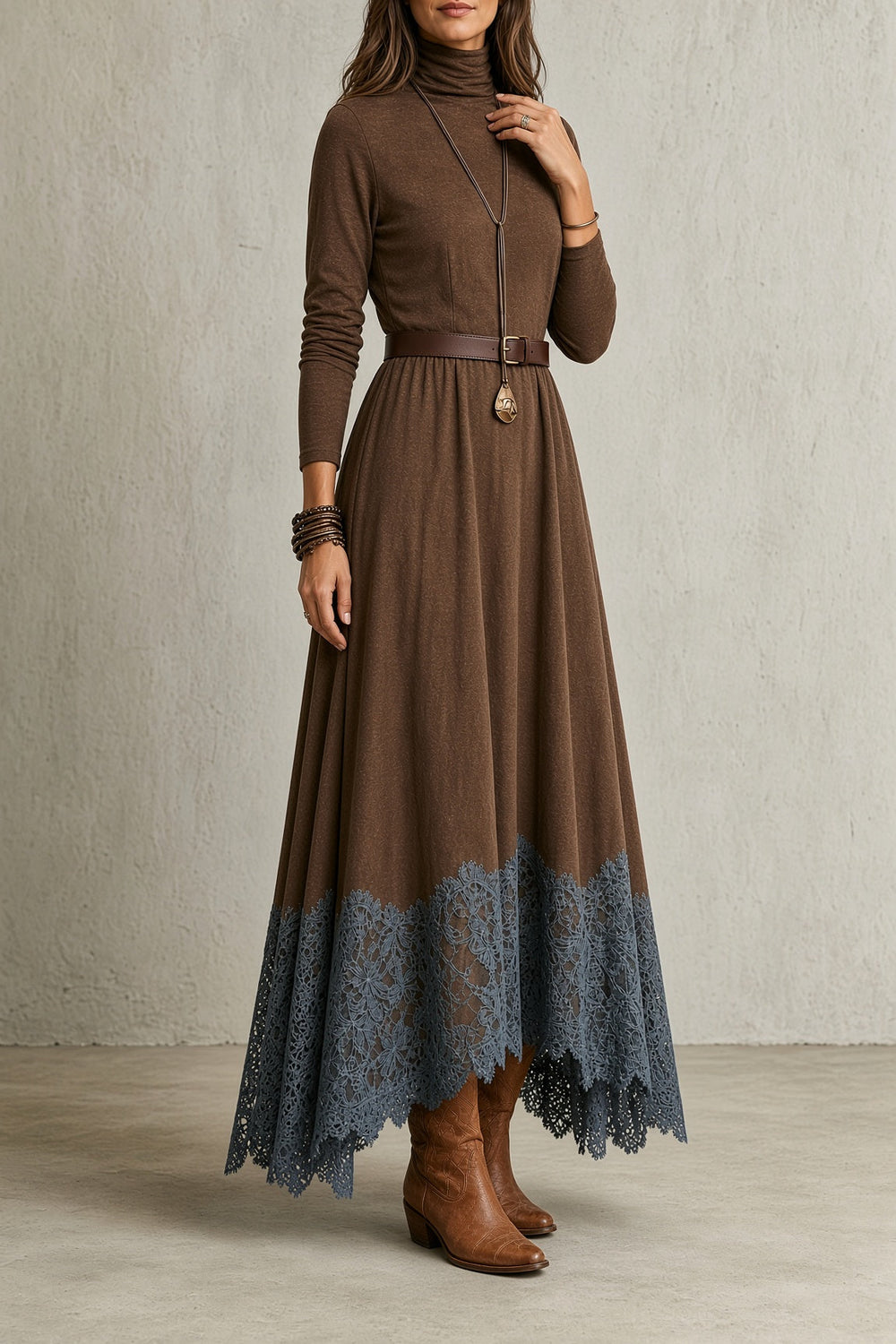 Lori | Refined Lace Hem Turtleneck Maxi Sweater Dress