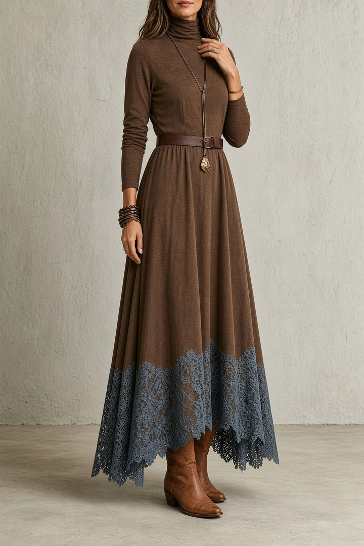 Lori | Refined Lace Hem Turtleneck Maxi Sweater Dress
