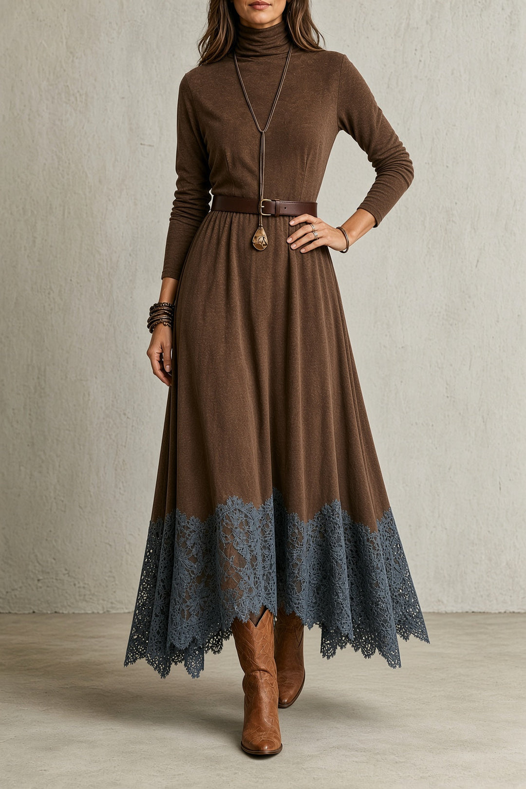 Lori | Refined Lace Hem Turtleneck Maxi Sweater Dress