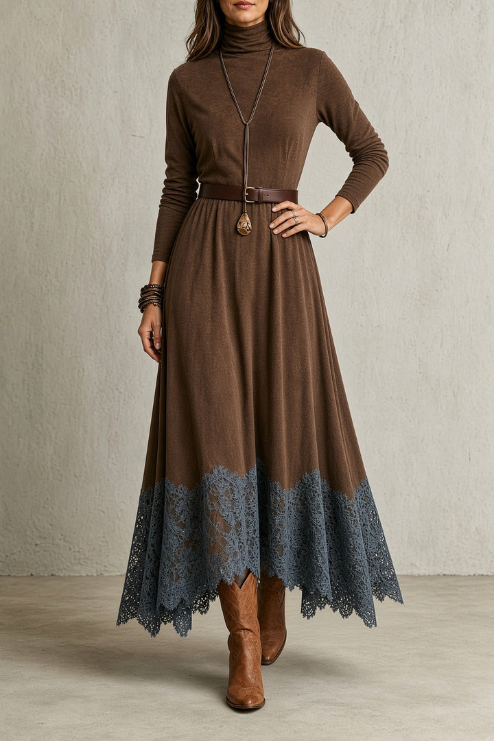 Lori | Refined Lace Hem Turtleneck Maxi Sweater Dress