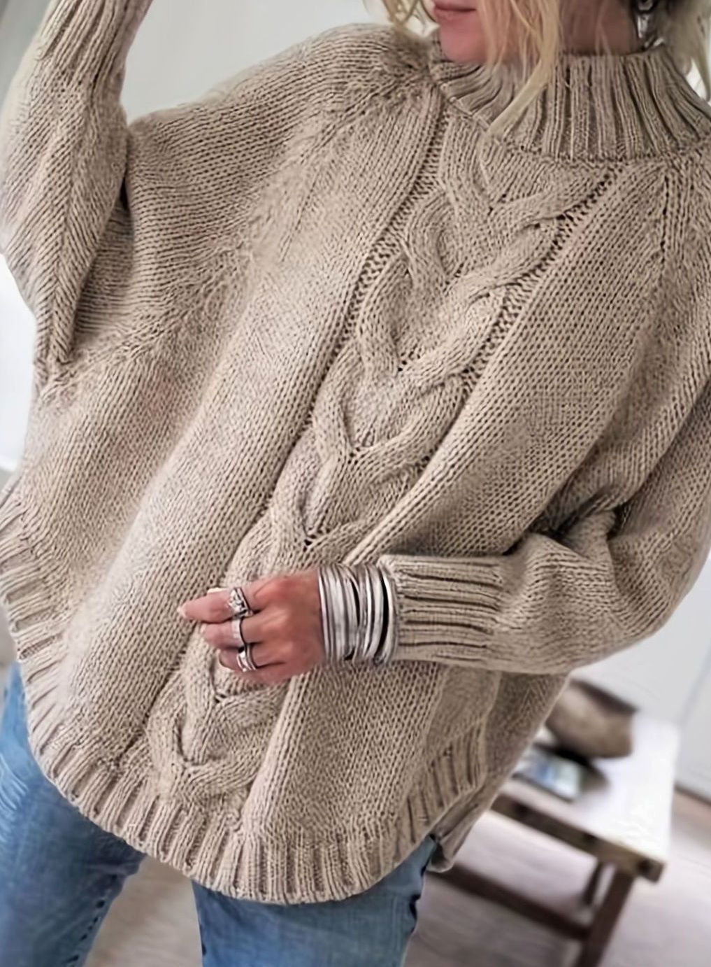 Margaret | Effortless Oversized High Neck Chunky Cable Knit Sweater