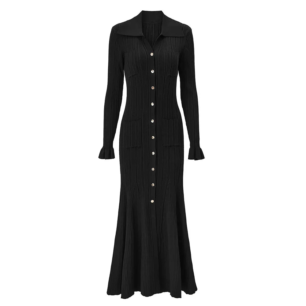 Martha | Polished Ribbed Button-Front Maxi Sweater Dress