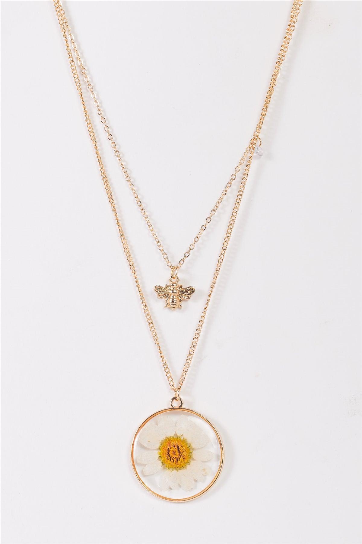 Jewelry- Necklace- Gold Chain Real Daisy Bee Faux Diamond Pendants Necklace