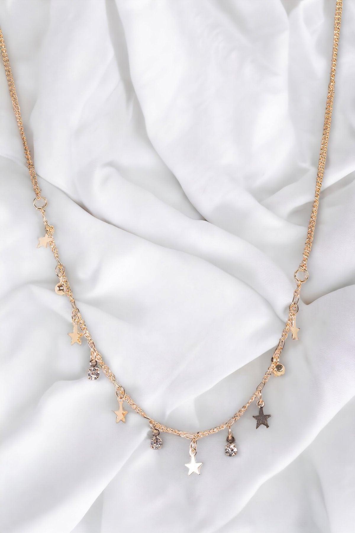 Jewelry- Gold Link Chain Star & Faux Diamond Charms Necklace