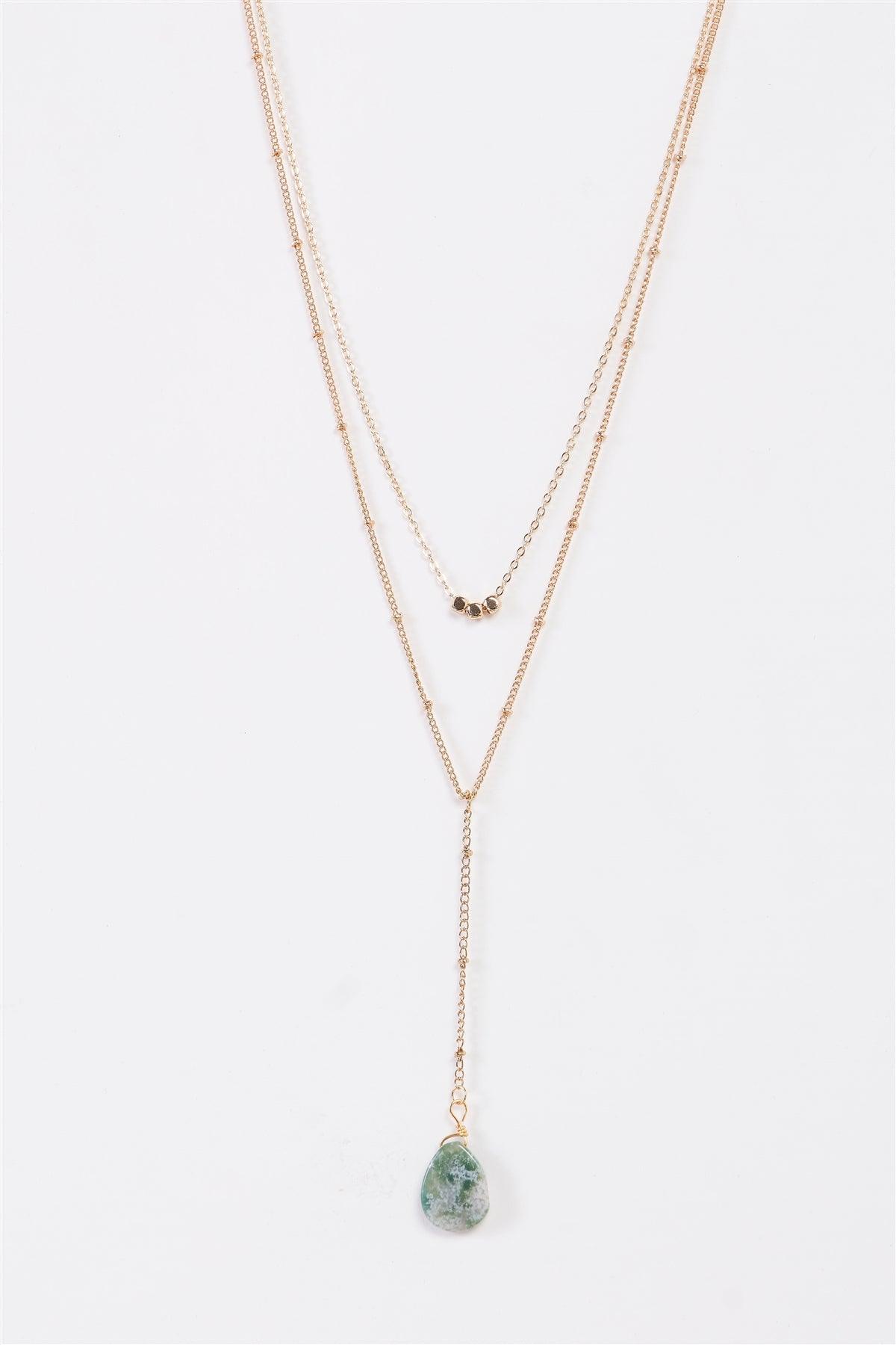 Jewelry- Gold Faux Jade Stone Double Chain Necklace