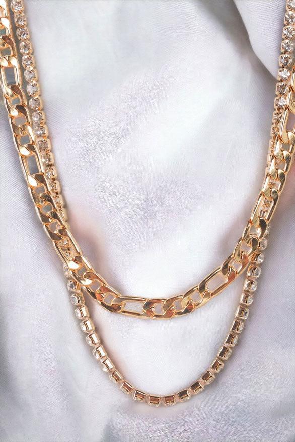 Jewelry- Gold Figaro Link Chain & Rhinestone Box Chain Set Necklace