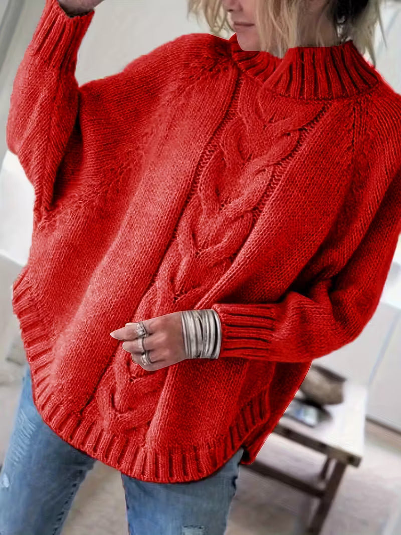 Olivia | Relaxed High Neck Chunky Cable Knit Sweater