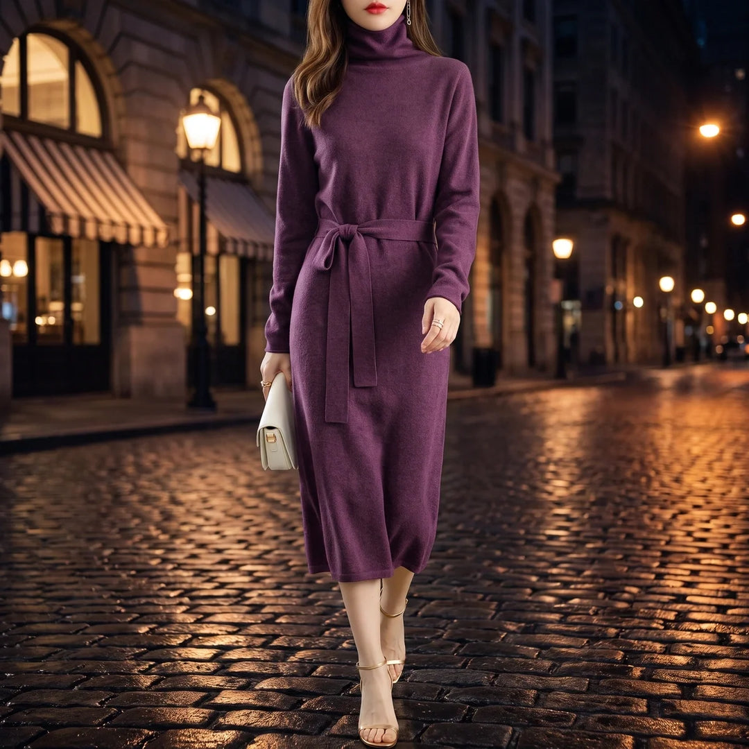 Rachel | Polished Belted Turtleneck Midi Sweater Dress