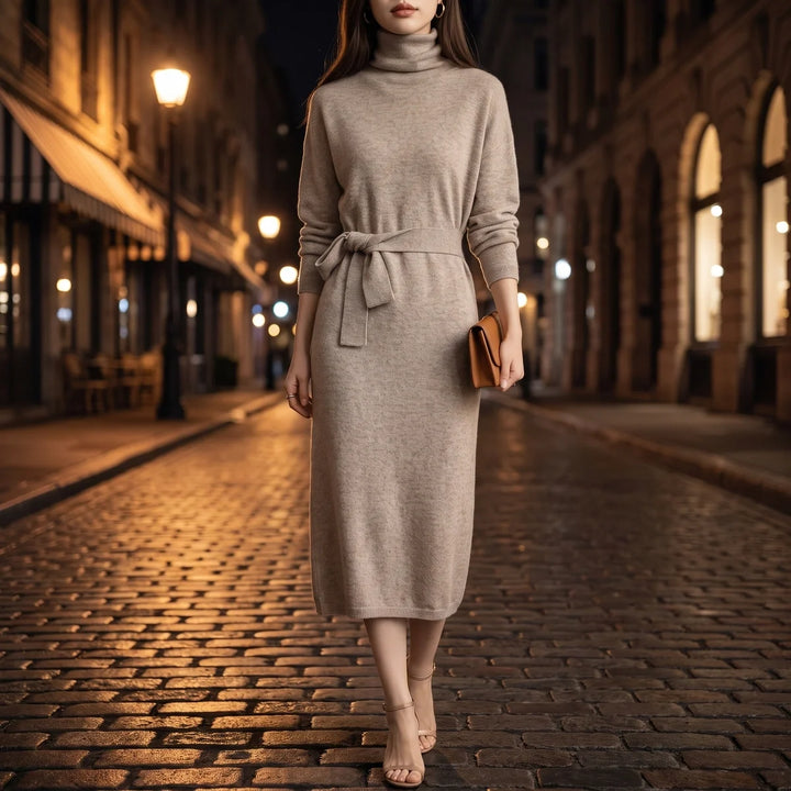 Rachel | Polished Belted Turtleneck Midi Sweater Dress