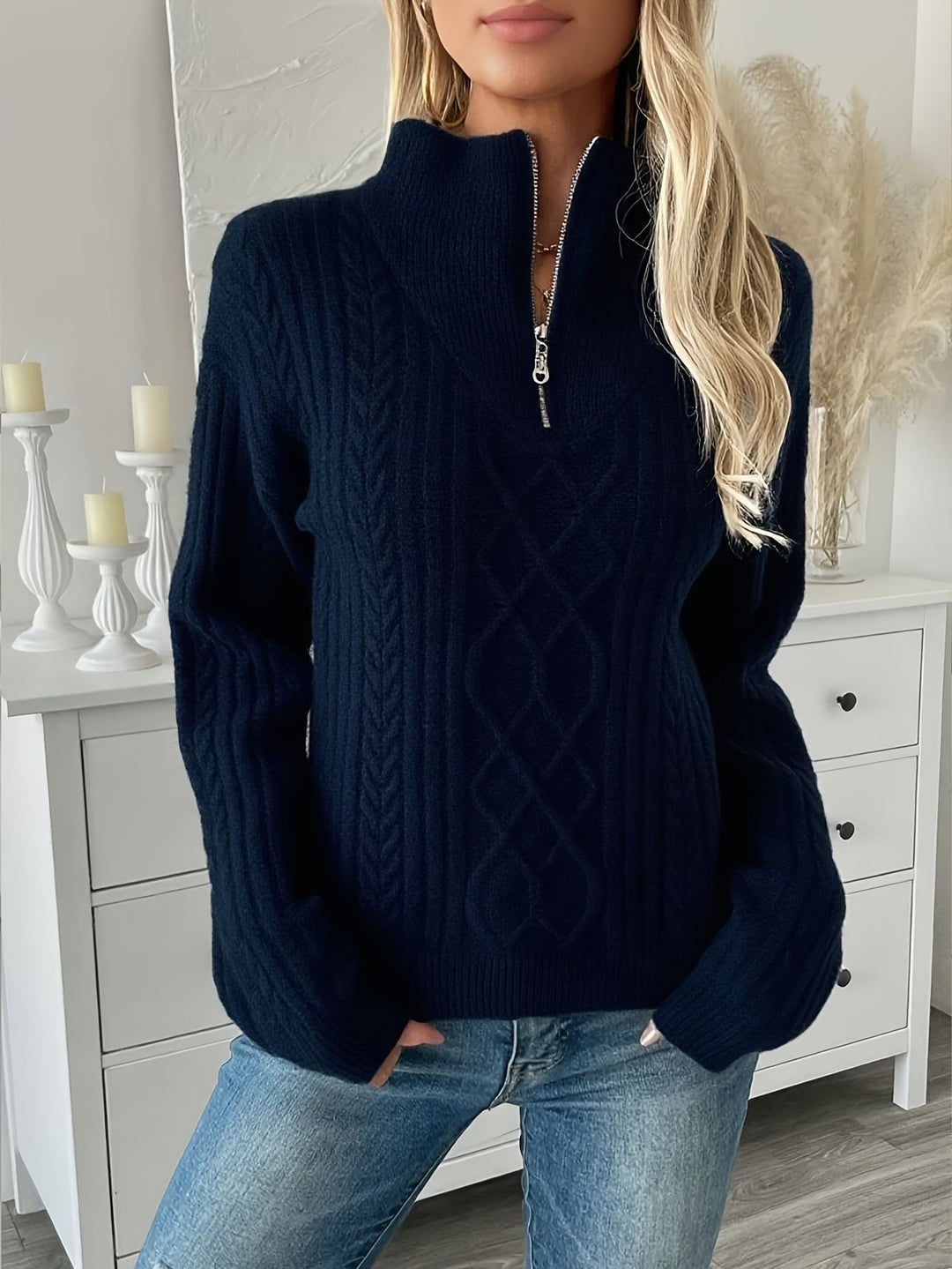 Rebecca | Stylish Half-Zip Chunky Cable Knit Sweater