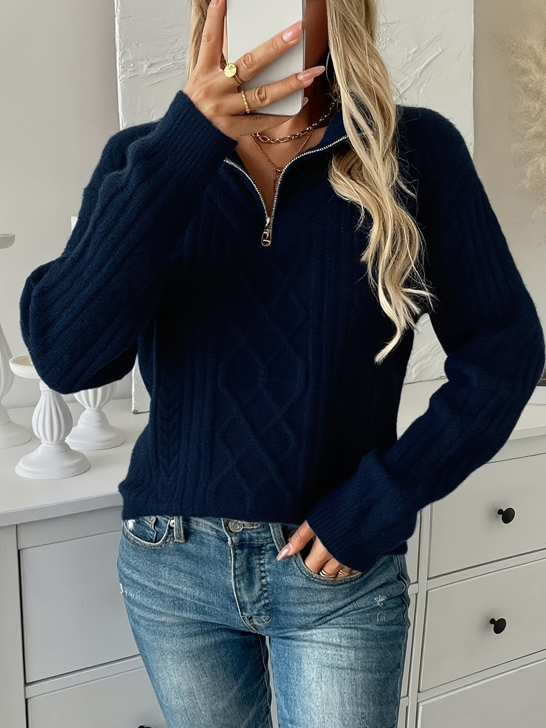 Rebecca | Stylish Half-Zip Chunky Cable Knit Sweater