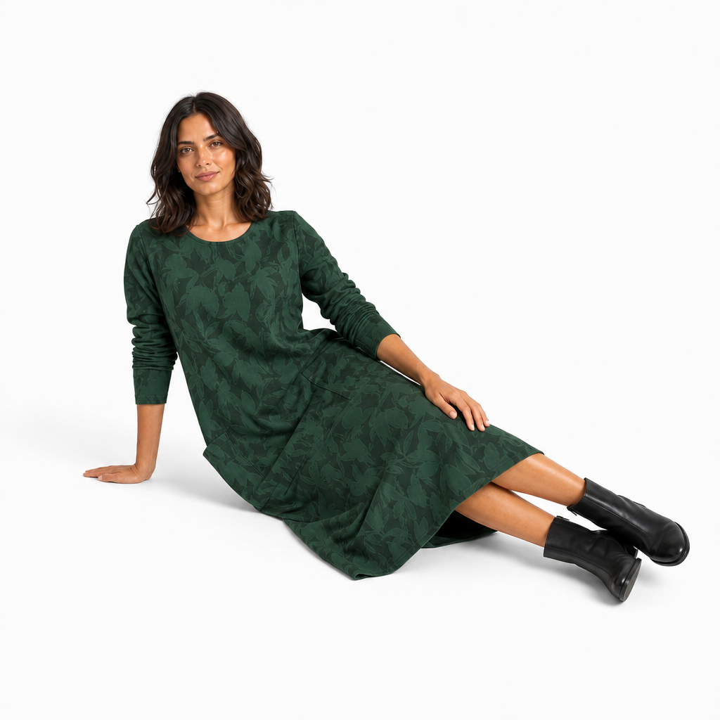 Samantha | Leaf Jacquard Long Sleeve Midi Sweater Dress