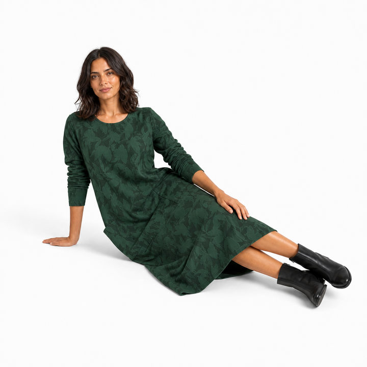 Samantha | Leaf Jacquard Long Sleeve Midi Sweater Dress