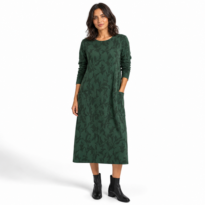 Samantha | Leaf Jacquard Long Sleeve Midi Sweater Dress