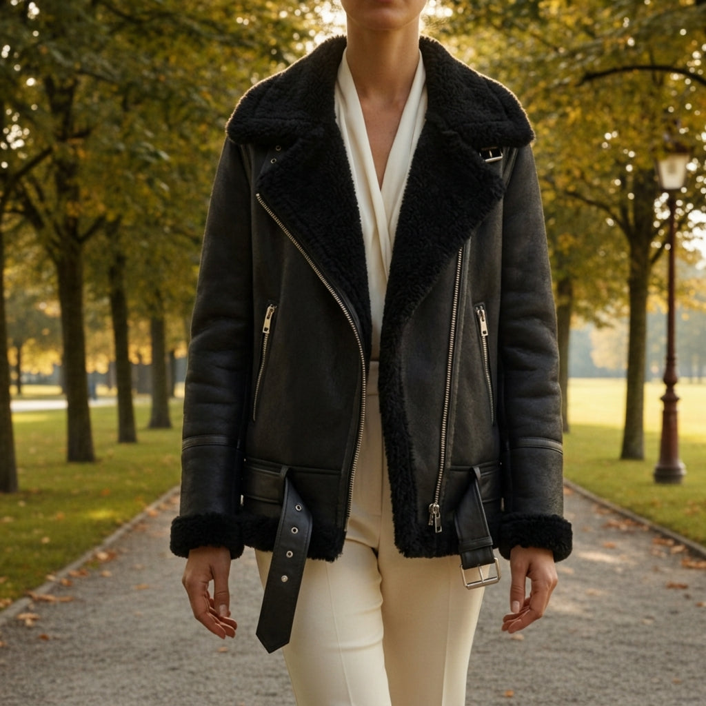 Samantha | Sophisticated Belted Aviator Sherpa Jacket Women
