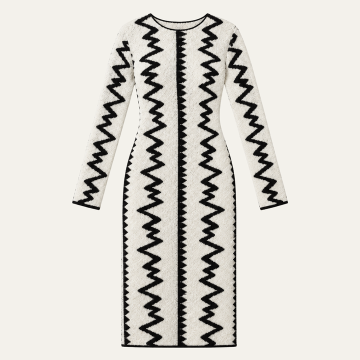 Stephanie | Stylish Zigzag Long Sleeve Midi Sweater Dress