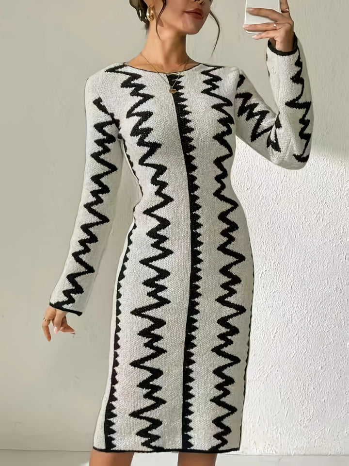 Stephanie | Stylish Zigzag Long Sleeve Midi Sweater Dress