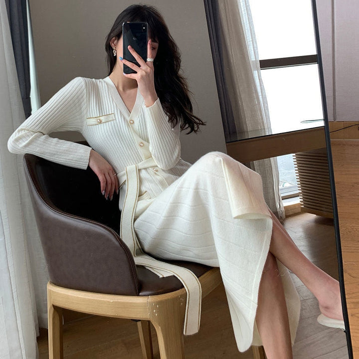 Susan | Belted Ribbed Long Sleeve Midi Sweater Dress