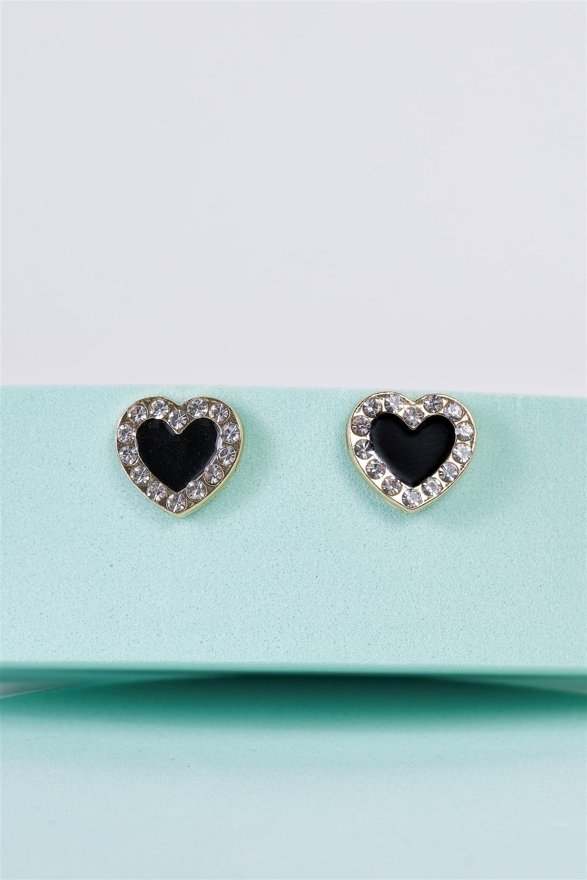 Jewelry- Small Gold Black Diamonds Incrustation Heart Shaped Stud Earrings