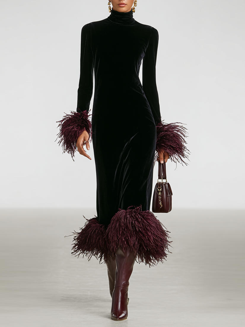 Victoria | Refined Fringe Trim Turtleneck Midi Christmas Dress