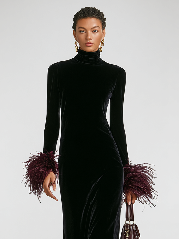 Victoria | Refined Fringe Trim Turtleneck Midi Christmas Dress