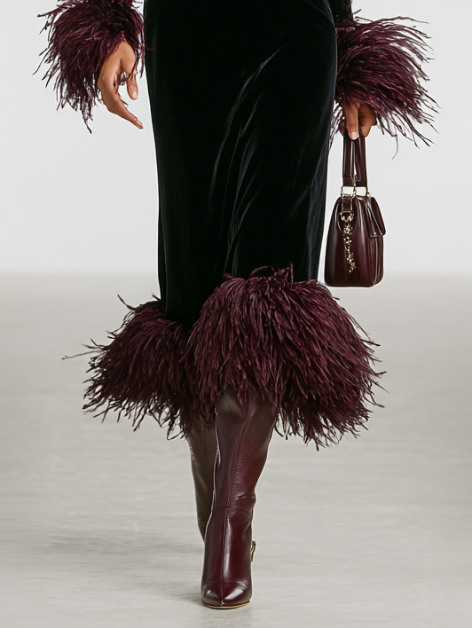 Victoria | Refined Fringe Trim Turtleneck Midi Christmas Dress