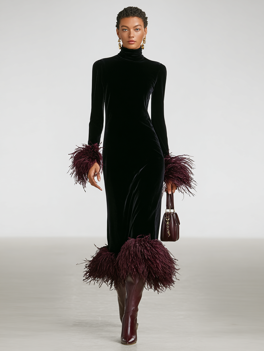 Victoria | Refined Fringe Trim Turtleneck Midi Christmas Dress