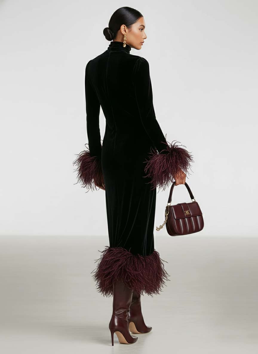 Victoria | Refined Fringe Trim Turtleneck Midi Christmas Dress