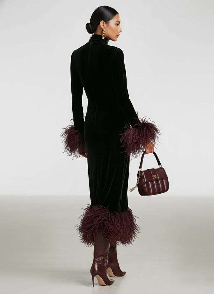 Victoria | Refined Fringe Trim Turtleneck Midi Christmas Dress