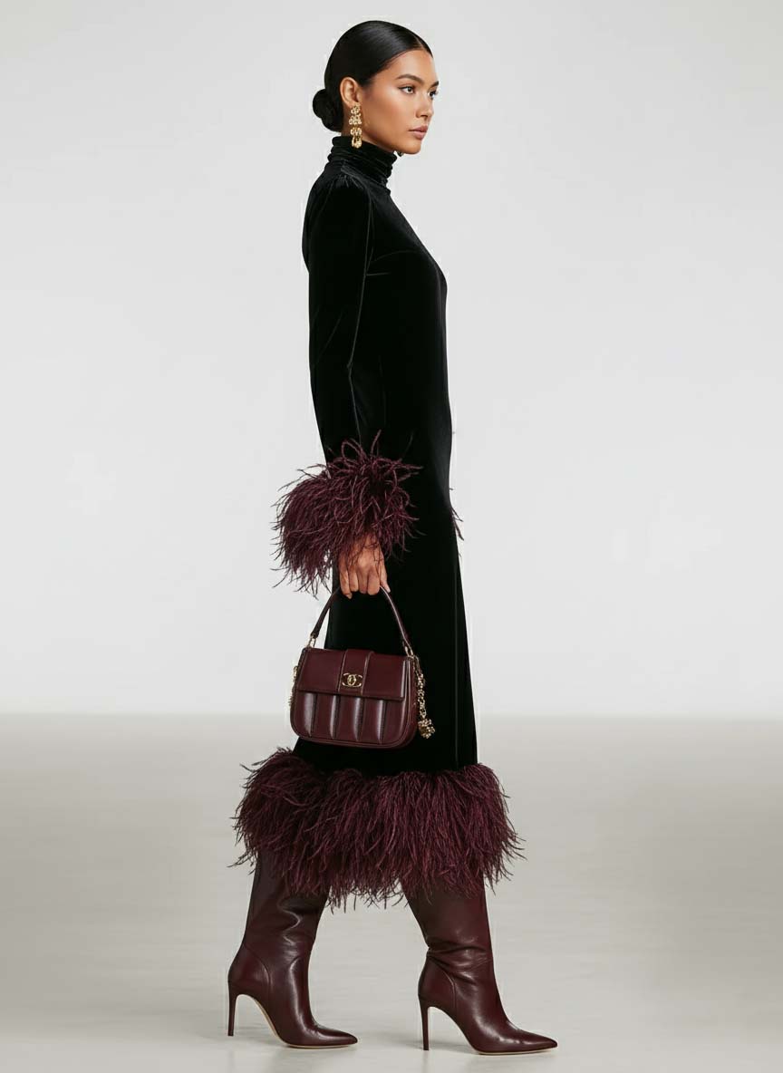 Victoria | Refined Fringe Trim Turtleneck Midi Christmas Dress