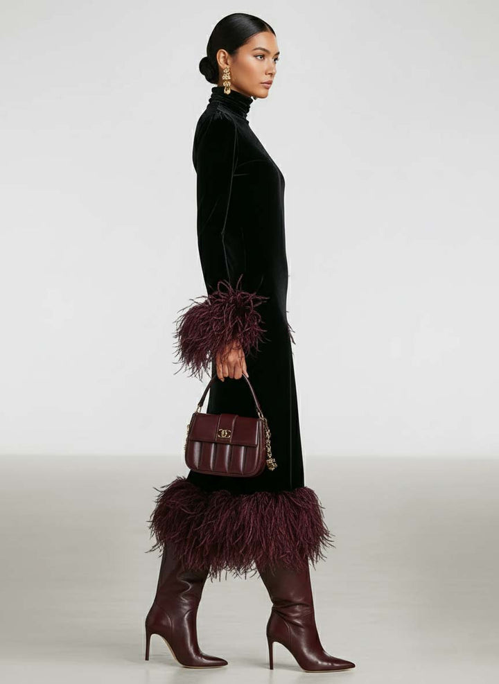 Victoria | Refined Fringe Trim Turtleneck Midi Christmas Dress