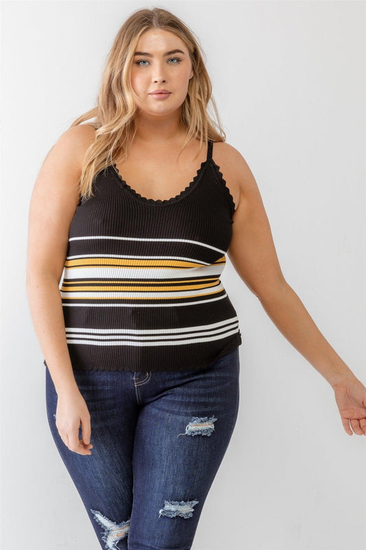 Shirt- Plus Size Black Striped Ribbed Ruffle Tank Top